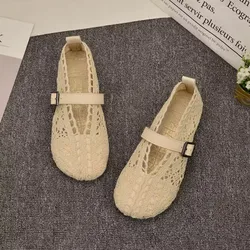 2023 New Spring Summer Flat Shoes Woman Knitted Lace Fisherman's Shoes Sweet Girls Lace Hollow Breathable Casual Shoes Loafers