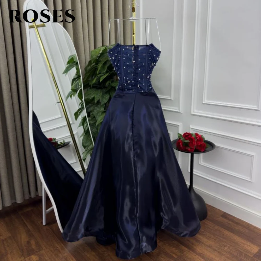 Rosas azul marinho vestido de festa com pregas a linha sem mangas vestido de noite glitter querida vestido de celebridade para mulher personalizado