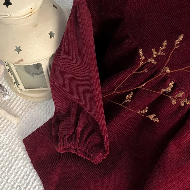 Chic Christmas Burgundy Long Sleeved Blouse Girls Autumn And Winter New Corduroy Bubble Sleeve Shirts Children\'s Clothing