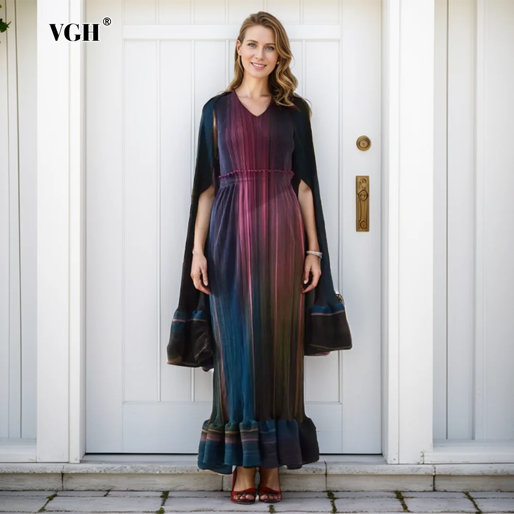 

VGH Gradient Two Piece Sets For Women V Neck Sleeveless Slimming Long Dress Flare Sleeve Short Coat Elegant Set Female Fashion