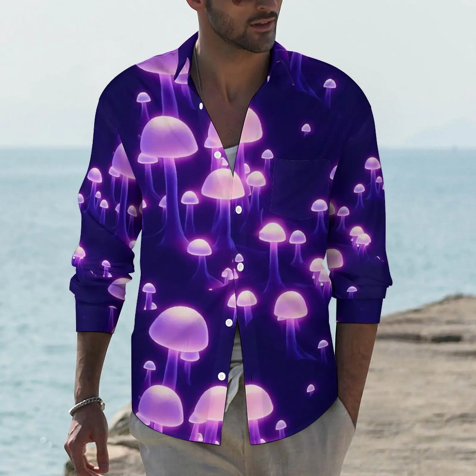 Magic Mushroom Print Y2K Casual Shirt Mens Purple Mushrooms Shirt Spring Trendy Blouses Long Sleeve Design Oversize Clothing