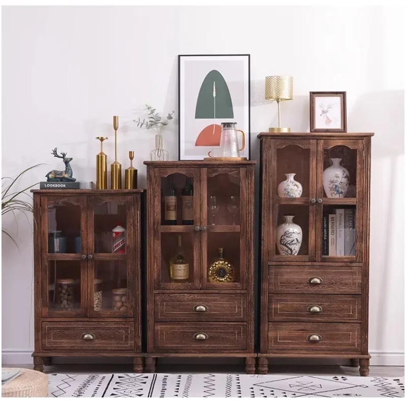 Cajón de estante de almacenamiento retro europeo, gabinete lateral de comedor, madera maciza, doble puerta, vino, sala de estar