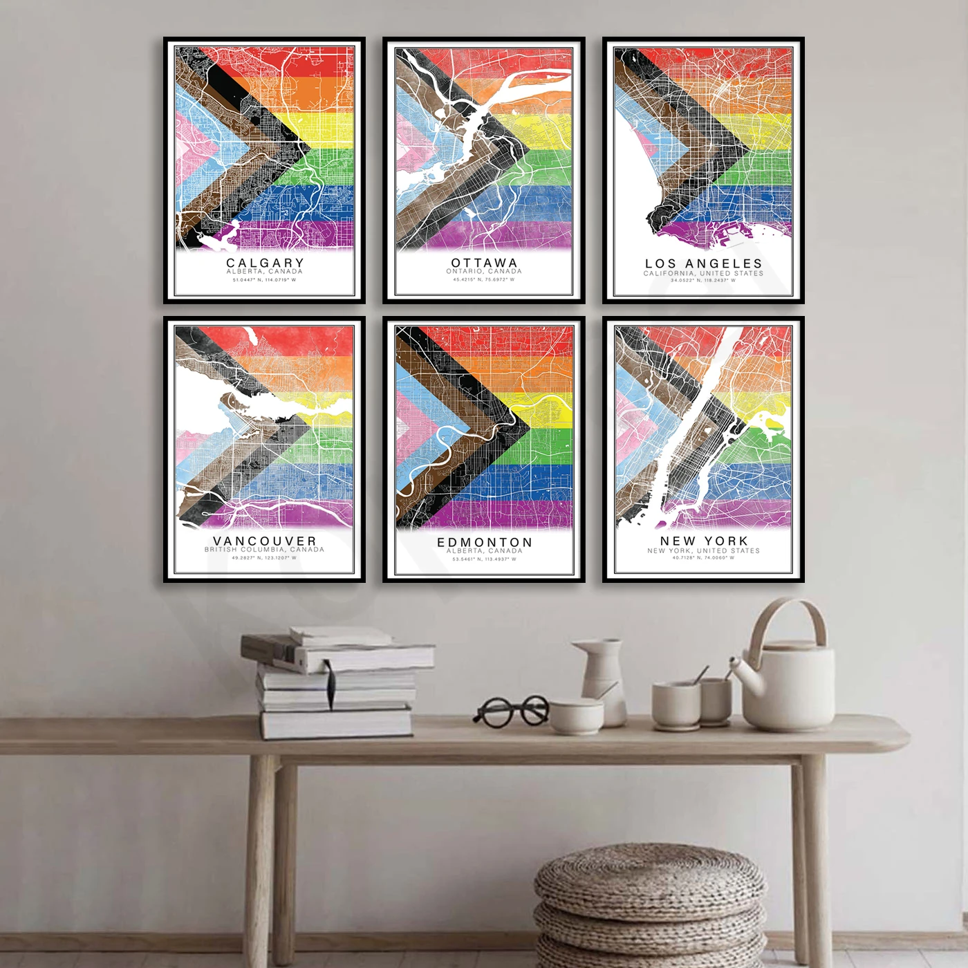 نيويورك إدمونتون فانكوفر أوتاوا لوس أنجلوس كالغاري مونتريال. خريطة ألوان المدينة. ملصق فني لتزيين جدران المنزل