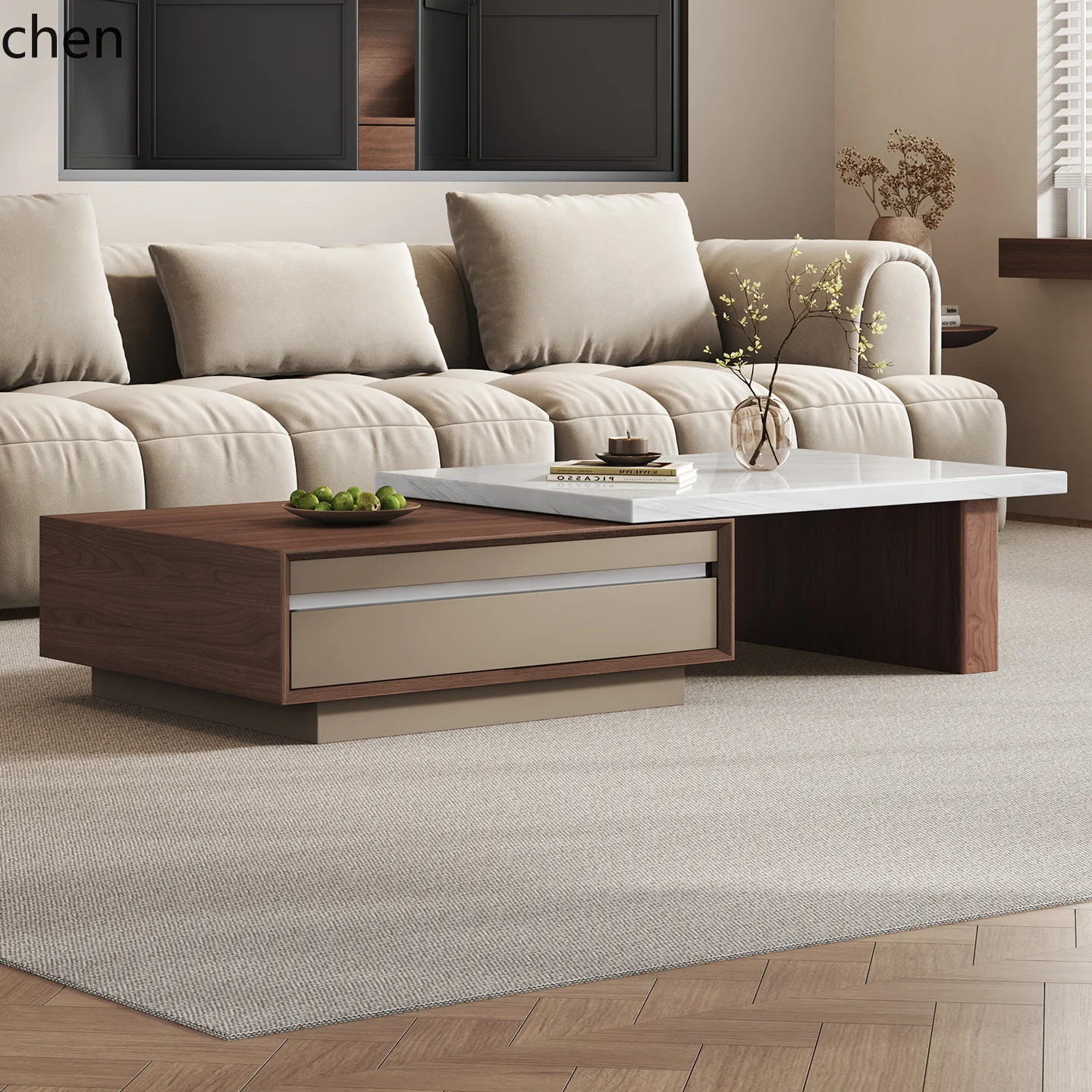 HT Marble Extendable Coffee Table and TV Cabinet Set with High-End Feel for Home Use