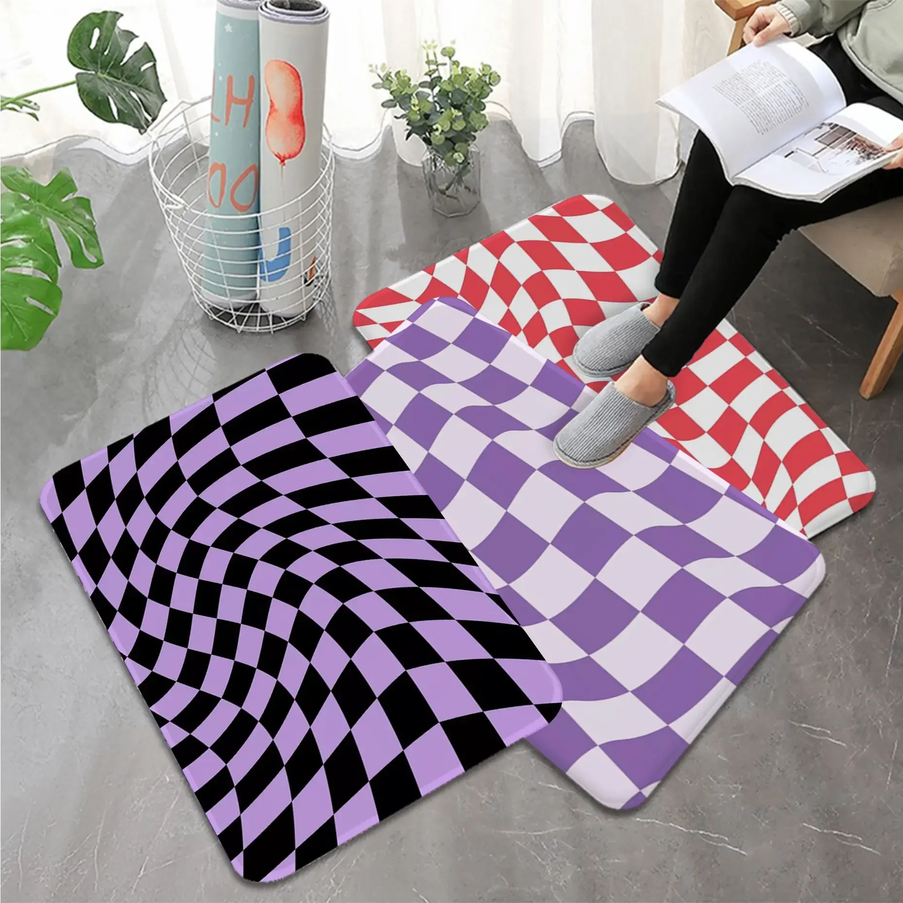 

Irregular Checkerboard Kitchen Mat Rectangle Anti-slip Home Soft Badmat Front Door Indoor Outdoor Mat Modern Home Decor