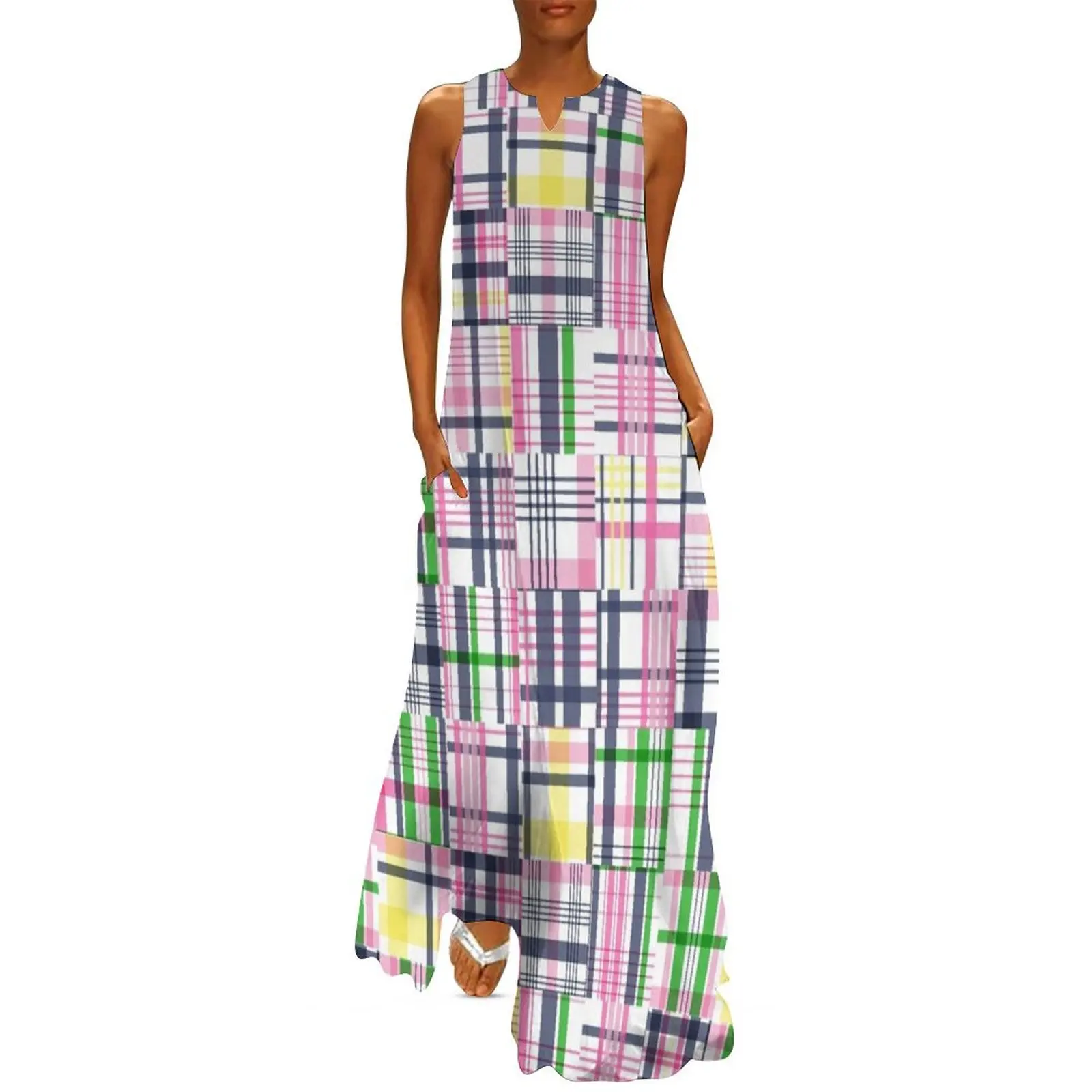 

Preppy Pink Patchwork Madras Long Dress dress Elegant gowns dress women summer dresses with long sleeves