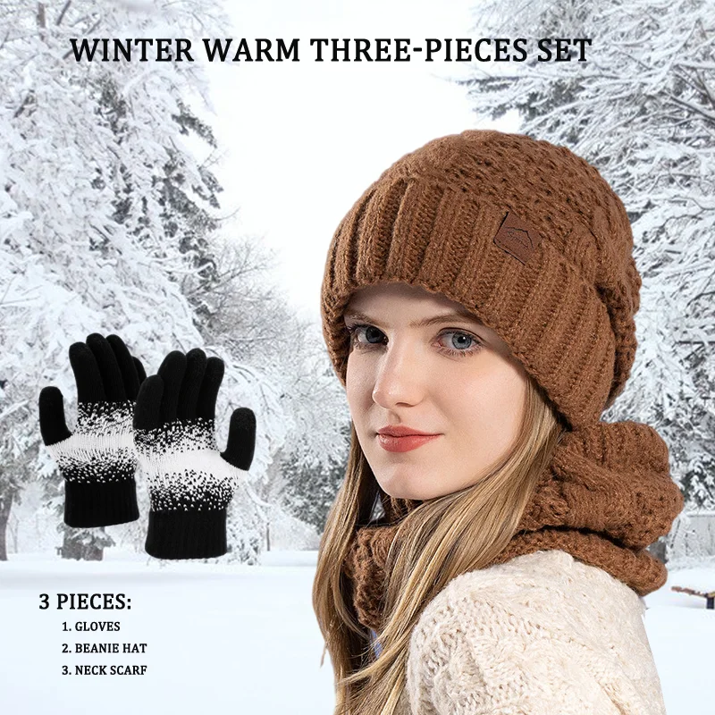 3 قطعة/المجموعة الشتاء قبعة وشاح للرقبة قفازات مجموعة المرأة الباردة والدافئة محبوك قبعة الأذن حامي قبعة لفصل الشتاء خارج الرياضة التزلج