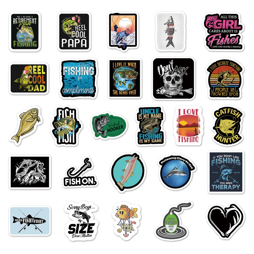 10/30/50PCS Fishing Series Cartoon Graffiti Waterproof Sticker Personality Creative Trend Decal Skateboard GuitarHelmetWholesale