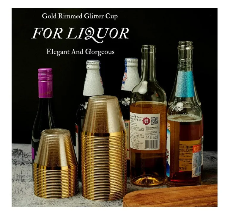 Disposable Rose Gold Edge Hard Plastic Aviation Cup Juice Whiskey Cup Gold Powder Ground Texture Dessert Cup Mousse Cup