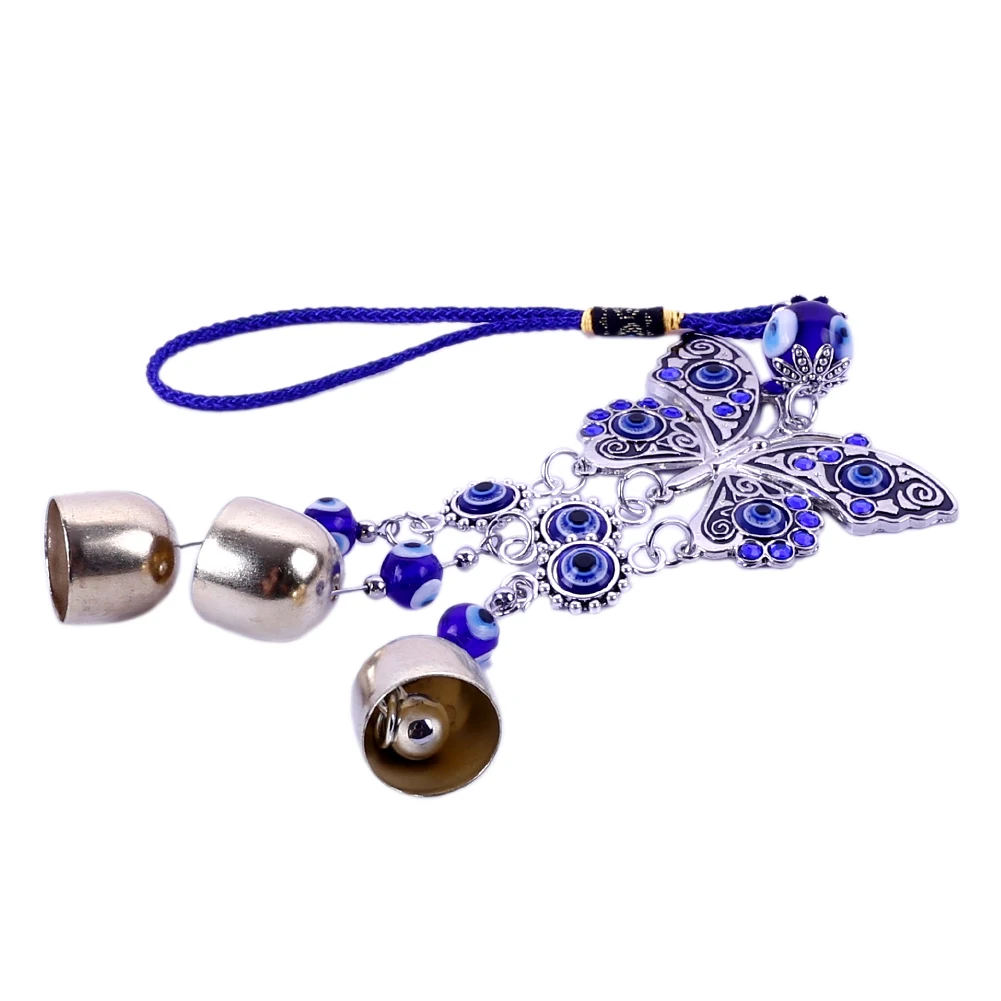 Lucky Blue Eyes Butterfly Bell Charm Keychain Turkish Blue Eye Beads Pendant For Car Rearview Mirror Hanging Decor Key Chain image 4