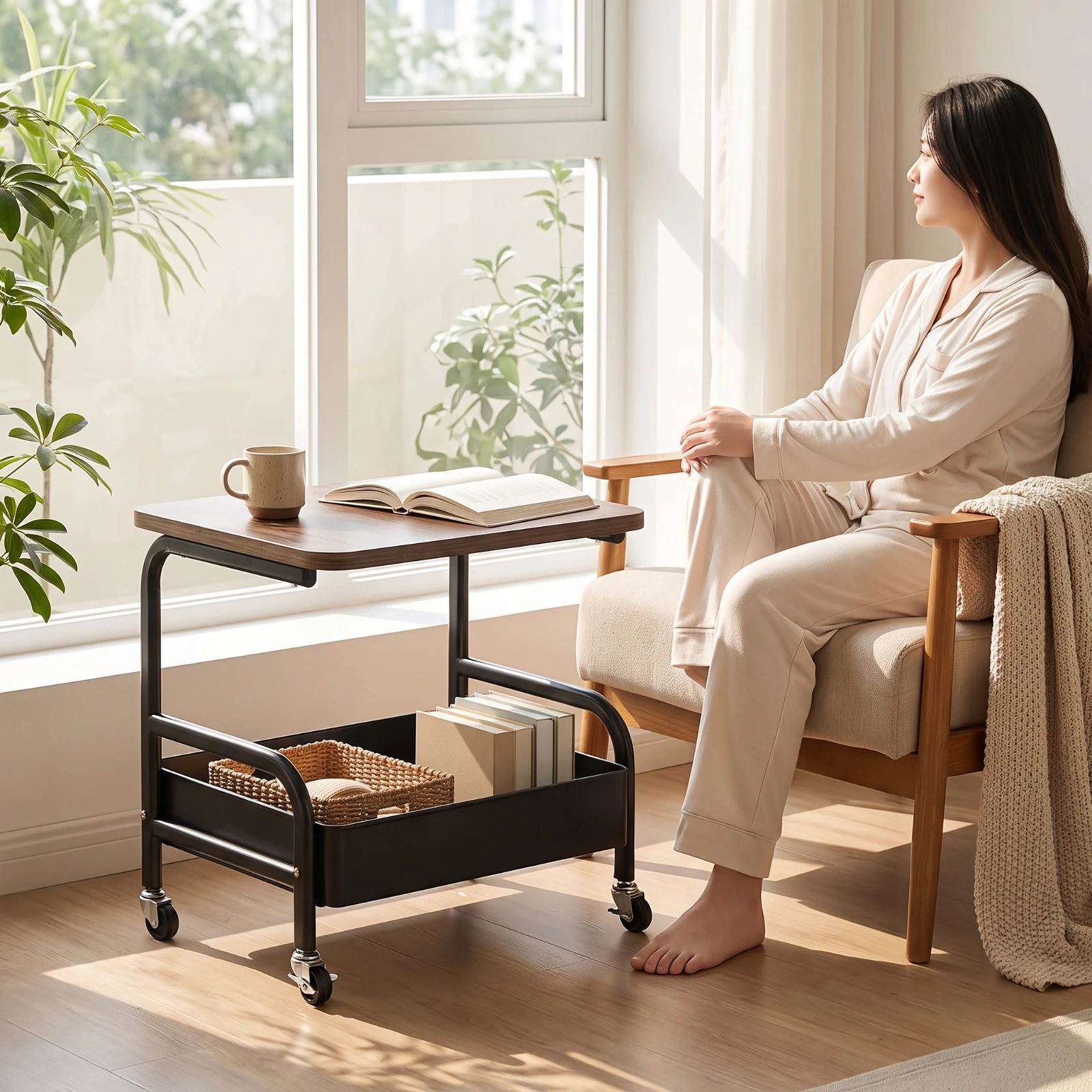Storage Cart with Wood Top Metal Cart with Table Top Rolling Side Table Multi-Purpose Stable for Bedroom, Living Room