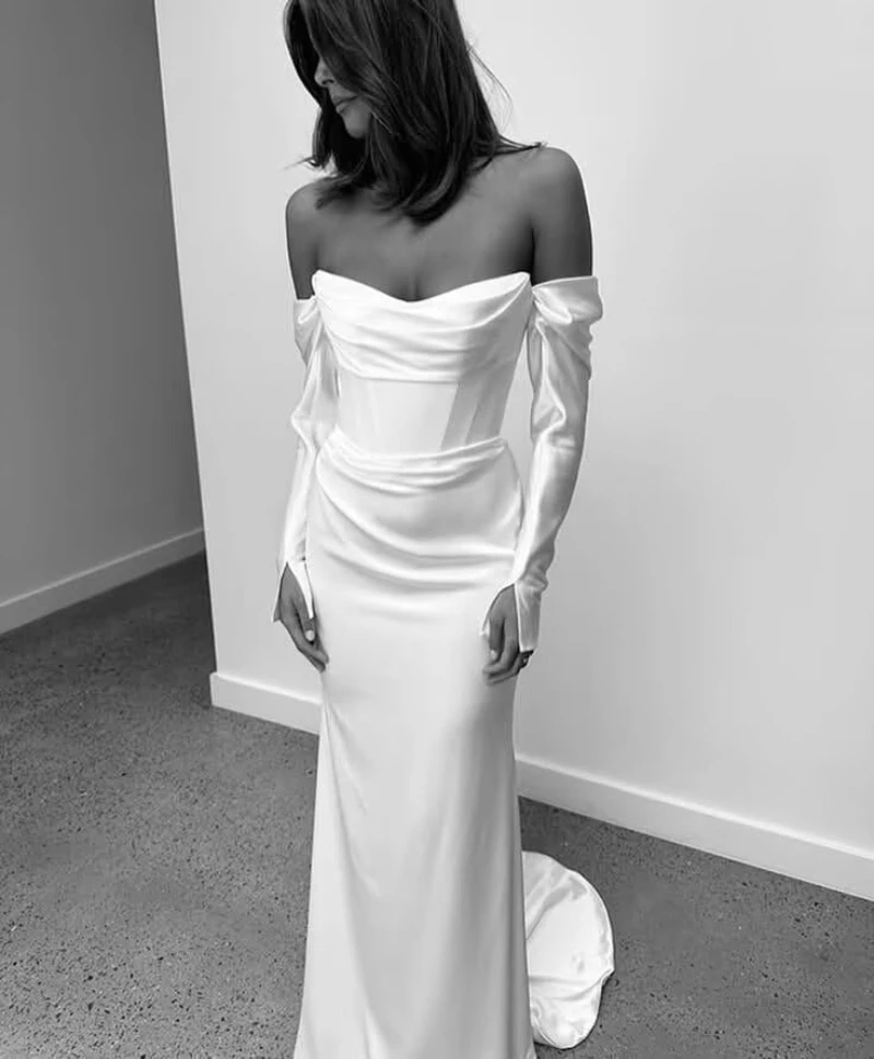 

Women Solid Slimming Wedding Dresses for Strapless Off Shoulder Long Sleeve High Waist Long Dress