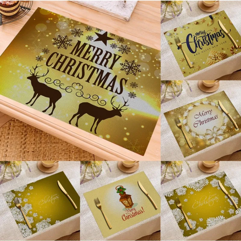 Goldenes Tischset „Frohe Weihnachten“, goldener Schneeflockendruck, Isolierung, schmutzabweisendes Tischset, Heim-Party-Dekoration