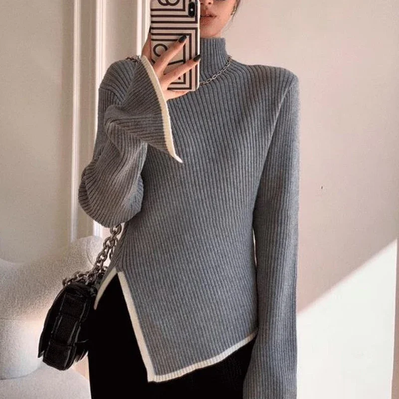 Zik Turtleneck Side Slit Pullover Contrasting Colors Autumn Winter Women Style Top Self-cultivation Sweater Pagoda Sleeve Slim