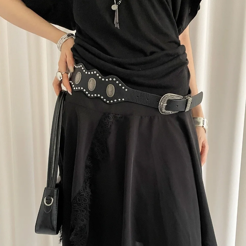العصرية خمر حزام المرأة برشام Y2k حزام الخصر الجلدي فستان قوطي أسود حزام الجينز الخصر الديكور #3