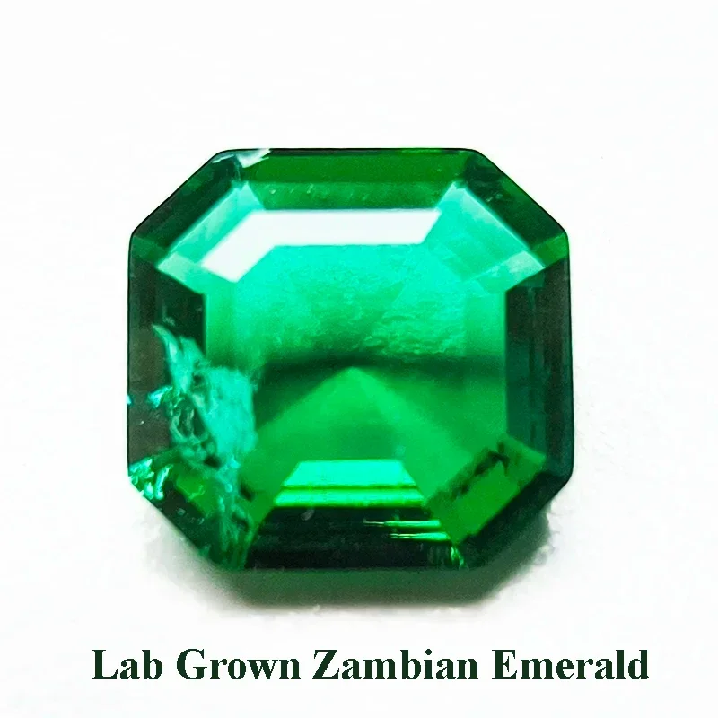 

Lab Grown Zambian Emerald Hand Cut Hydrothermal Asscher Cutting with Cracks Inclusions Inside Selectable AGL Certificate