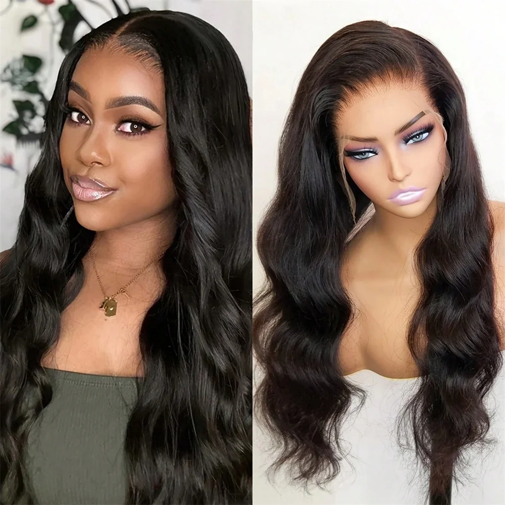 

13x4 Lace Front Body Wave Wig Brazilian Remy Human HairPre-Plucked with Baby Hair 180% Density natural Black for Women 30 32Inch