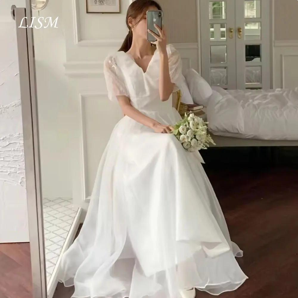 LISM ヴィンテージ韓国ウェディングドレス プロムドレス カスタマイズされたフリルレース半袖イブニングパーティードレス ブライダルレセプションドレス