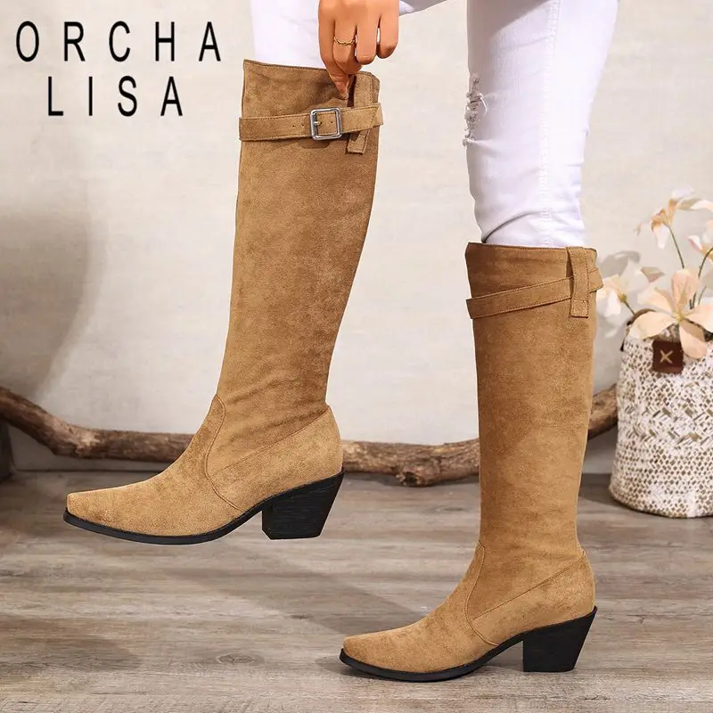 

Модные замшевые женские сапоги до колена из флока с квадратным носком на блочном каблуке 6 см, без шнуровки с пряжкой на ремне, большие размеры 43 44 45 Fall