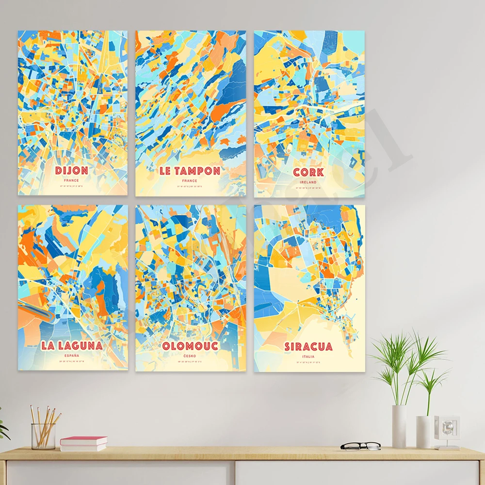 Valladolid Mulhouse Limassol Syracuse Olomouc Laguna San Blas Dijon Corcho Valencia. Mapa de colores de la ciudad. Póster artístico para decoración de pared del hogar