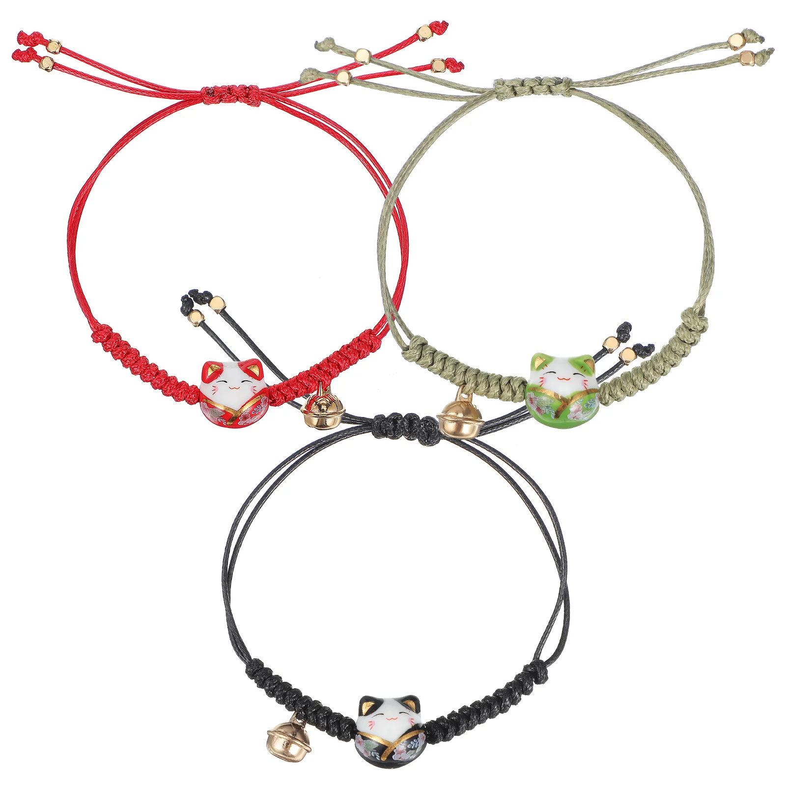 3 pezzi regolabile Maneki Neko braccialetto corda per gatti braccialetto portafortuna campana gioielli giapponesi per donna uomo idea carina