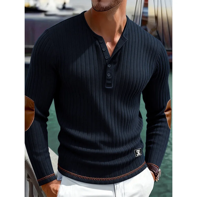 Camiseta masculina moderna com meio botão, listrada, manga comprida, casual, estilo suéter, primavera-outono, streetwear juvenil MY1157