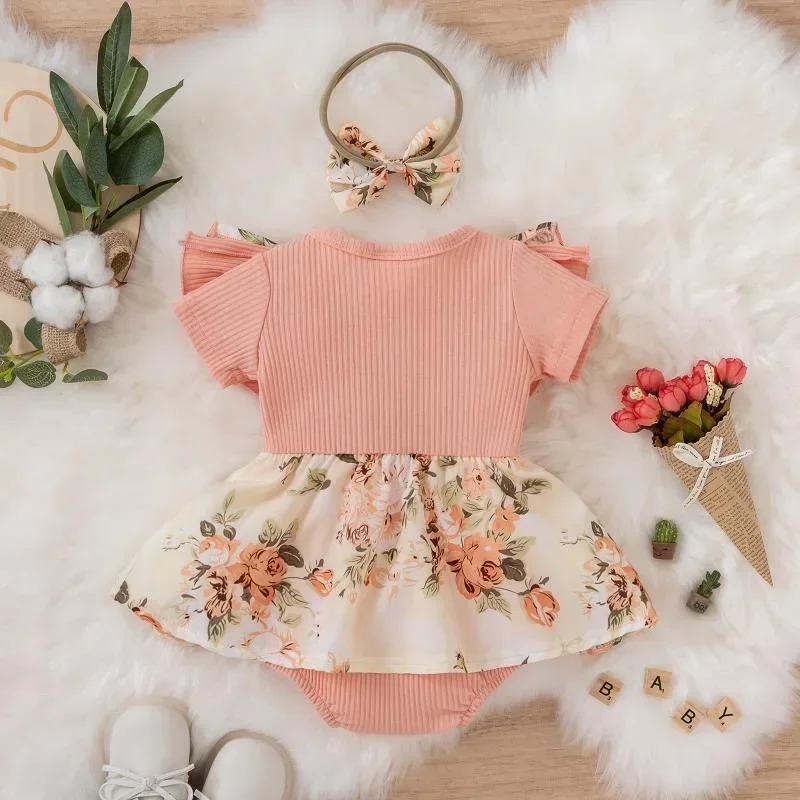 Summer Dress With Bowknot headband Striped Jumpsuit Cotton Dress For Floral Clothes Crawling Clothes 3