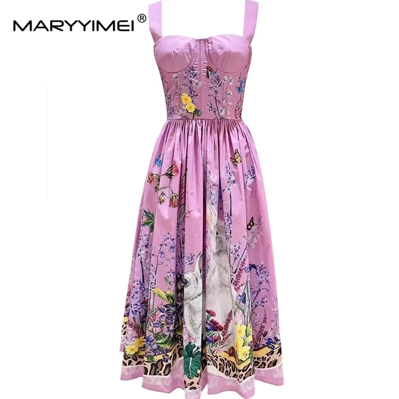 MARYYIMEI-Vestido de algodão estampado floral violeta feminino, alça de espaguete