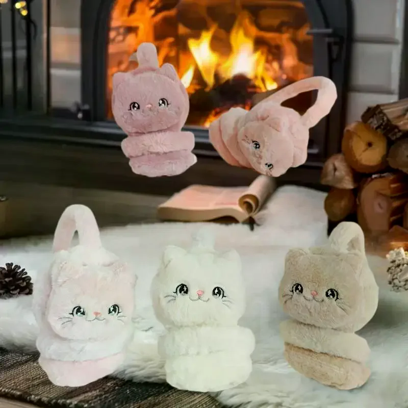 غطاء للأذنين شتوي دافئ على شكل قطة كرتونية للفتيات من القطيفة السميكة الناعمة غطاء للأذن لحماية الأذن وإكسسوارات الدفء