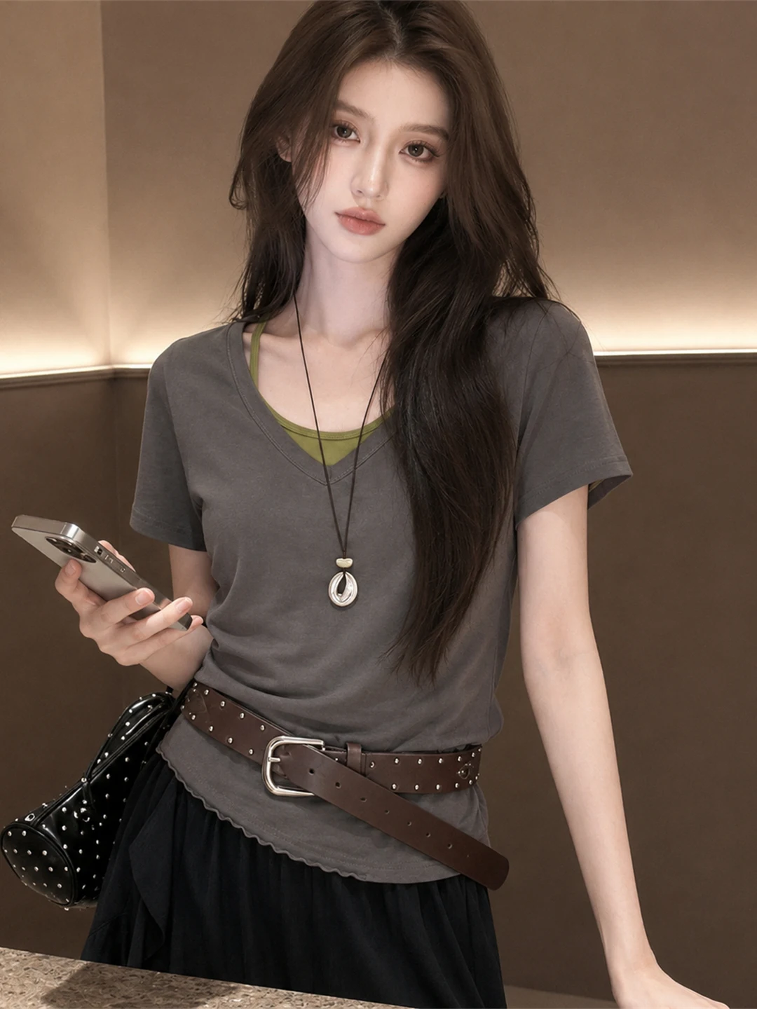 

Fashionable Short Sleeve T-Shirt Korean Style Casual High-Quality Top Summer Trendy Two-Piece Look Elegant Korean Version
