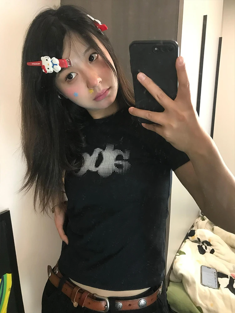 T-shirt coreana Sle ort Sve da donna estiva slim fit stampata in misto cotone poliestere rotondo Ne casual versatile Top