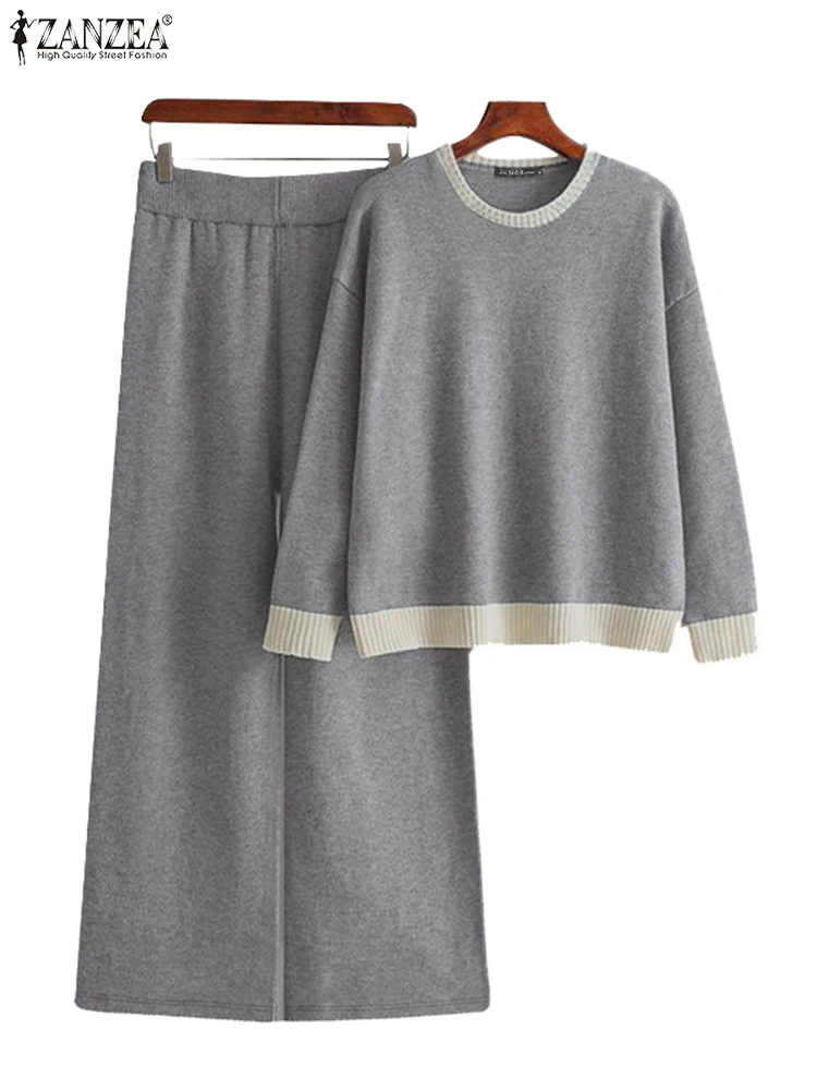 

ZANZEA Long Sleeve Hoodies Wide Leg Pants 2pcs Outfits Terry Casual Loose Women Spring Loungewear Suits Contrast-Color Pant Sets