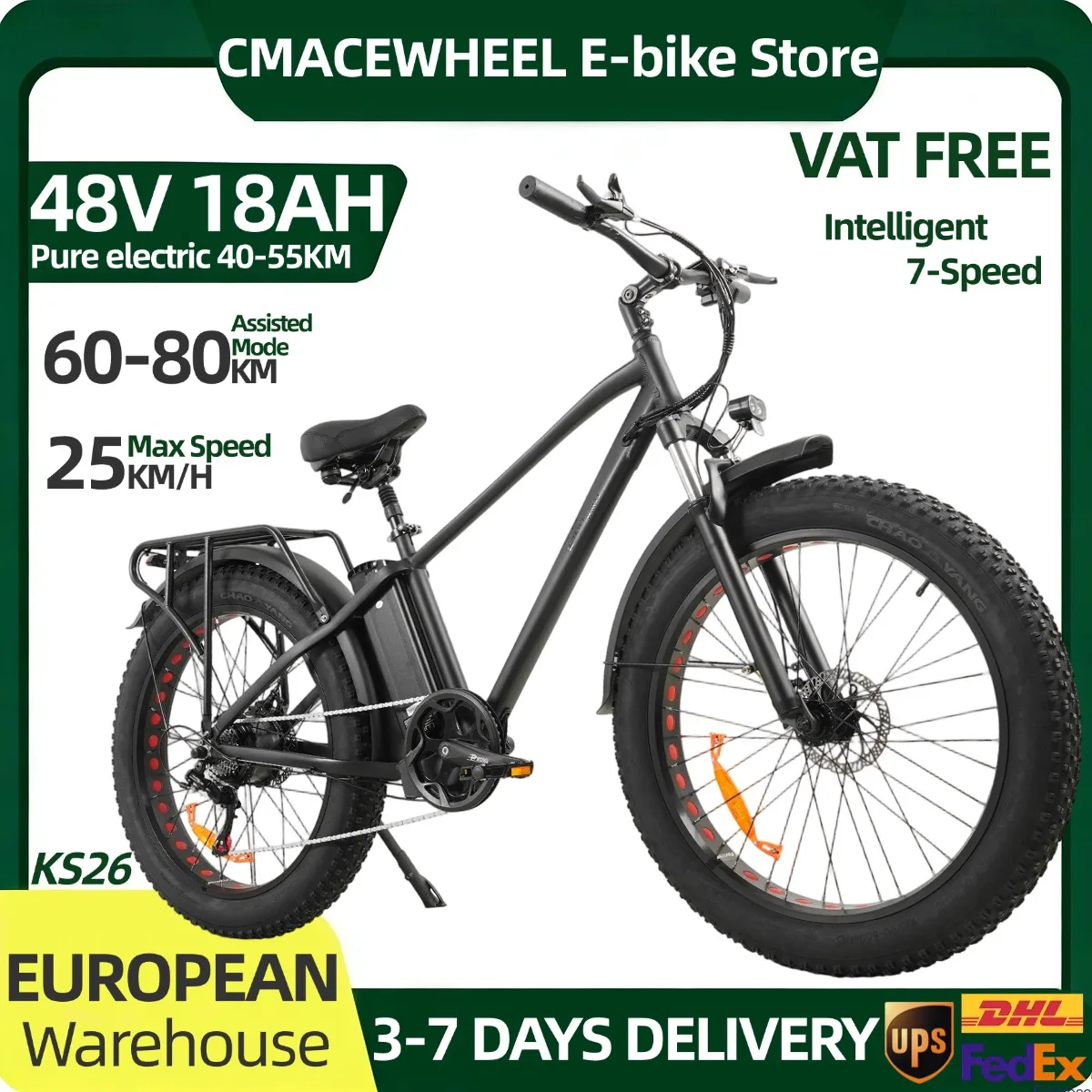 Cmacewheel Ks26, vélo électrique 48V 18Ah pour adultes, pneus larges 26*4 pouces, 7 vitesses, mode d'assistance, autonomie de 60 à 80 km, vélo de montagne, moteur sans balais, batterie au lithium amovible, frein à disque, vélo électrique adapté à de multiples environnements : montagne, route, ville, plage, livraison gratuite.
