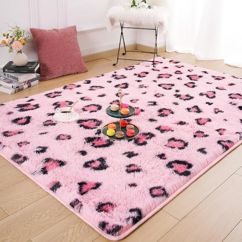 

Soft Fluffy Leopard Rug, 6x9 Feet Pink Area Rug for Bedroom Girls, Premium Cheetah Print Area Rug, Comfy Faux Fur Animal