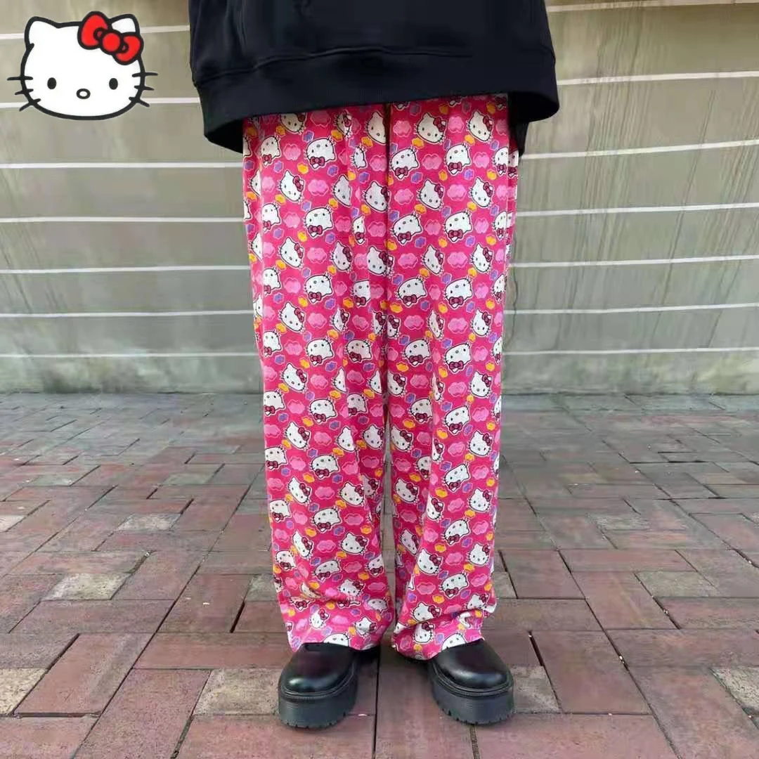 Kawaii Sanrio Y2k Hello Kitty Trousers Women New Wide Leg Pant Lovely Loose High Waist Casual Thin Pants Printed S-XL