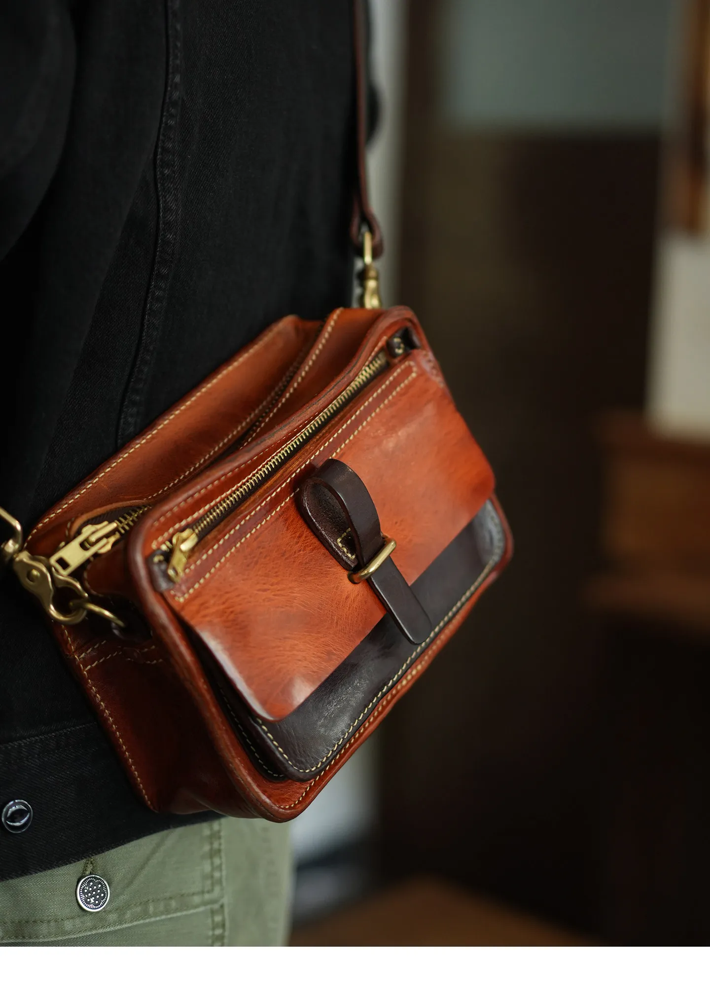 PNDME lässige Vintage-Umhängetasche aus hochwertigem echtem Leder für Herren, Wochenend- und Outdoor-Reise, Rindsleder, Motorrad-Crossbody-Tasche – Detail 5