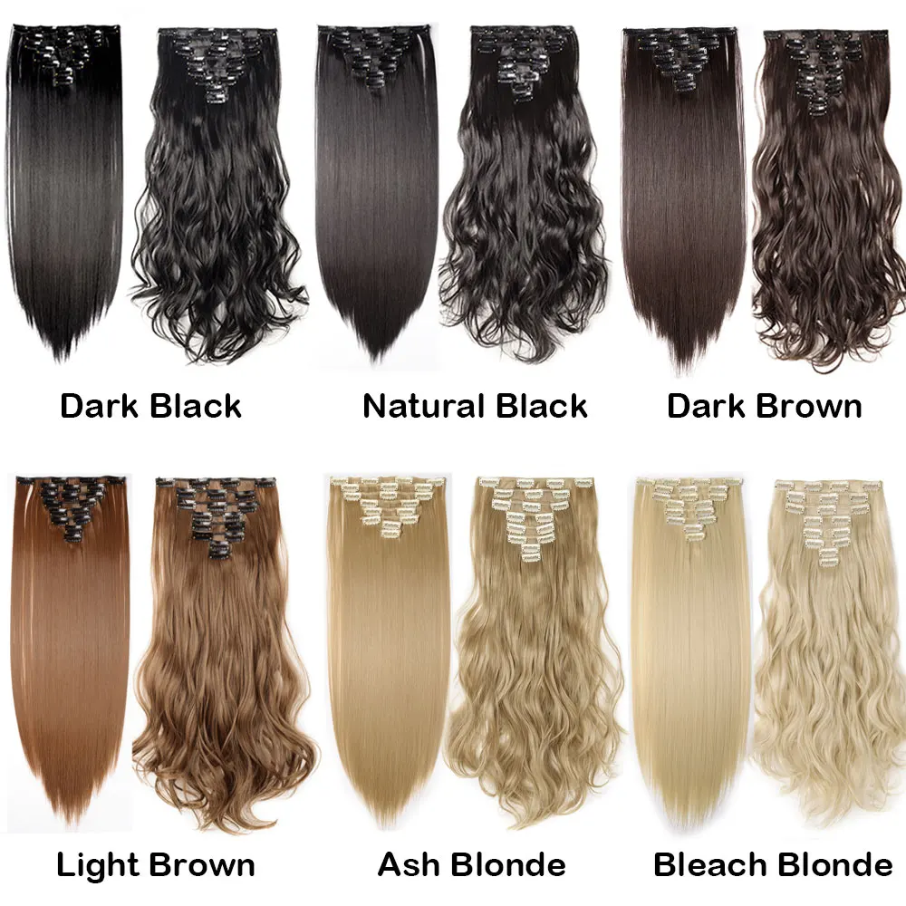 Snoilite Synthetic Long Straight Wavy 18 Clips In Hair Extensions 8Pcs/Set High Temperature Fiber Black Brown Blonde Hairpiece