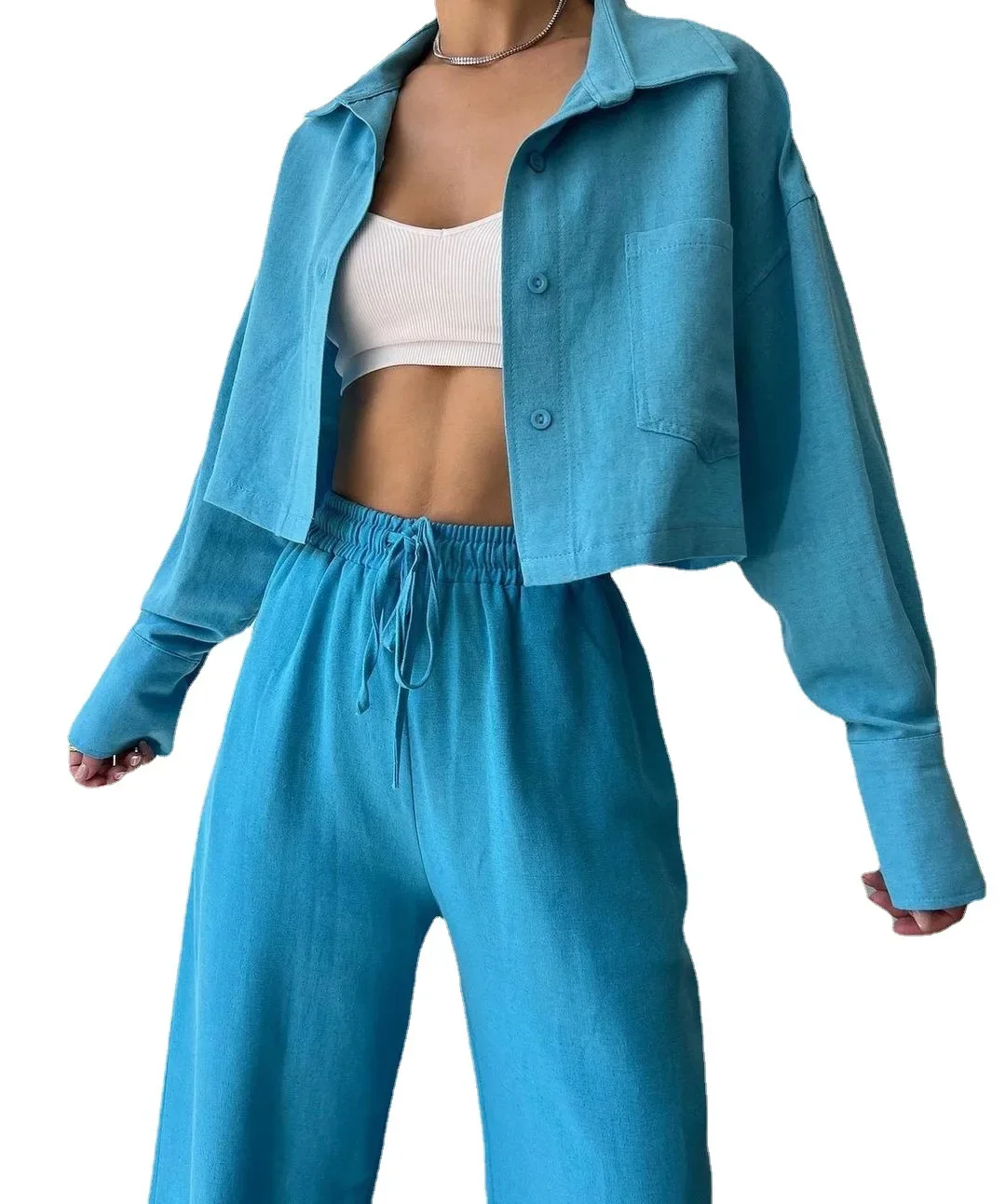 Women Two Piece Suit Summer Pant Sets Lapel Single Breasted Shirt Loose Waist Lace Up Long Trousers Matching Sets Outfits Sporty