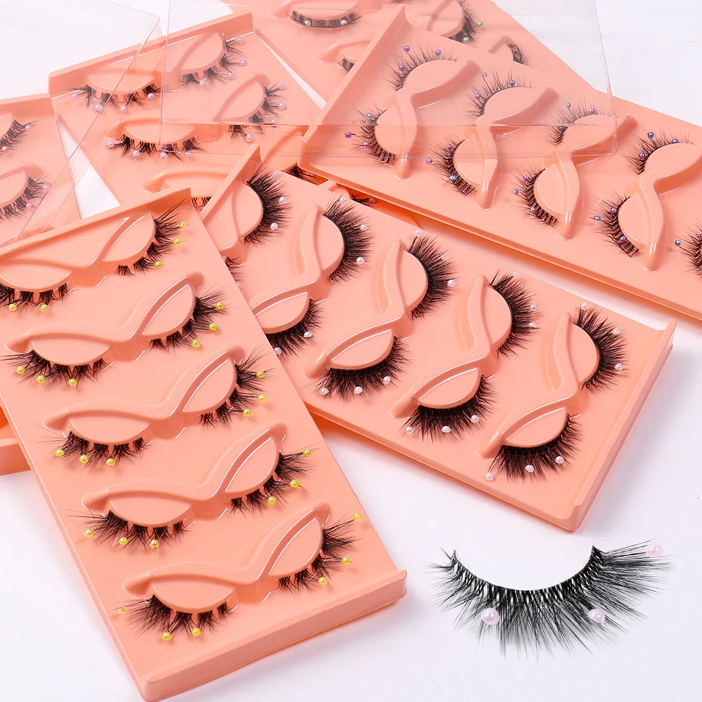 Fake Nails 3D False Eyelash Natural Long Fluffy Faux Mink Lashes With Pearls Make Up Thick False Cils Reusable Eyelash Extension