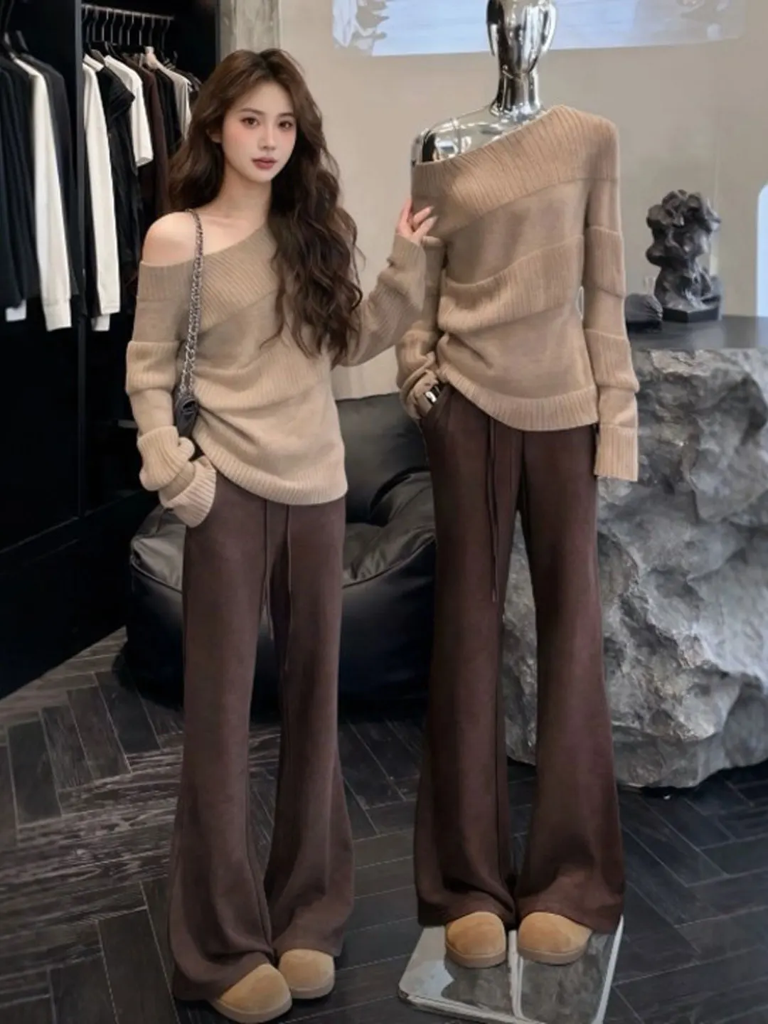 

Retro Gentle Sle Knitted Sweater And Casual Pants Two-Piece Set Ele Spring Faion Ensemble Comfortable High Waist Cotton