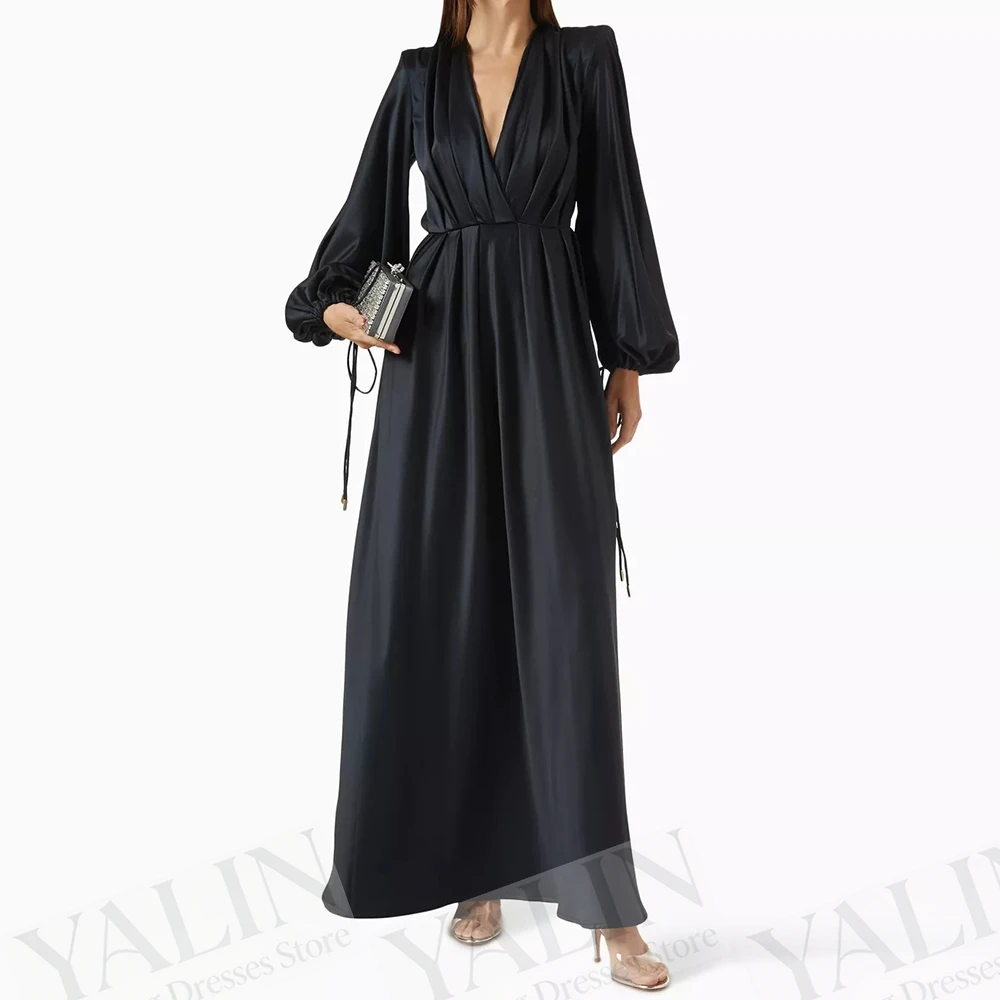 

Women's A-line Evening Dresses Ankle-length V-neck Full Sleeve Prom Dresses Fashion Pleat Simple Draped Casual Customized Gowns
