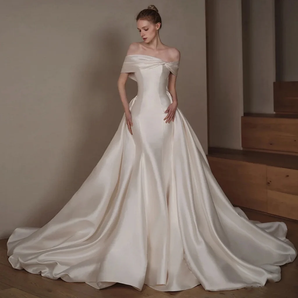 Vestidos de novia blancos de satén con cuello Barco, sirena con lazo, hombros descubiertos, para ceremonia de boda, simples vestidos de noche 2023