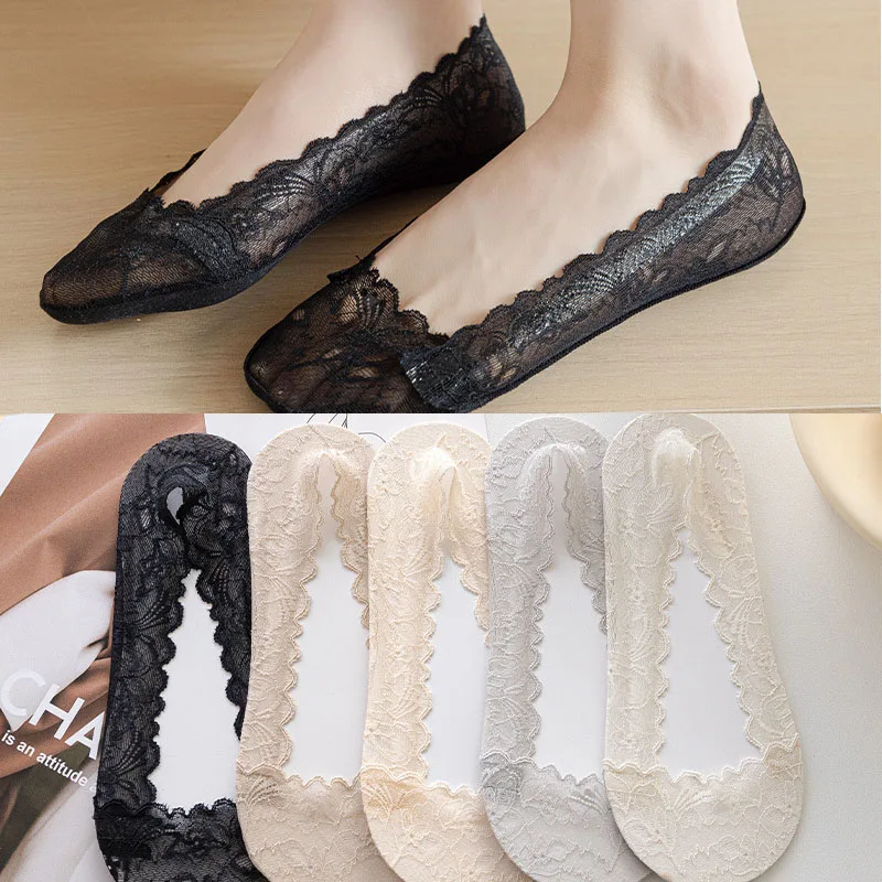 Women Lace Soles Invisible Boat Socks Summer Slippers Non-slip Breathable No Show Socks Sexy Antiskid Cool Thin Socks Ankle Sock