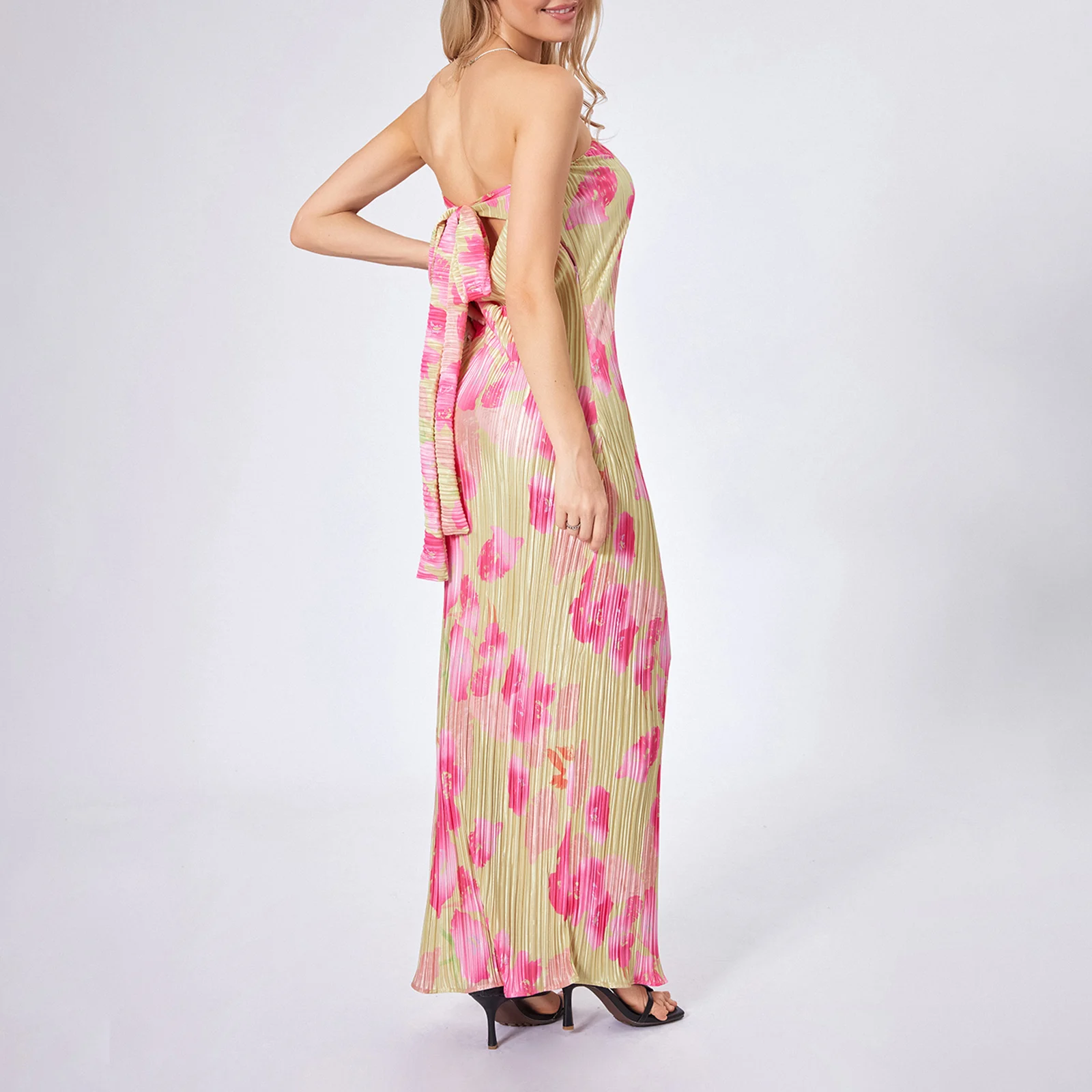 Lange getailleerde damesjurk effen kleur/bloemen avondjurk mouwloze off-shoulder strapless jurk