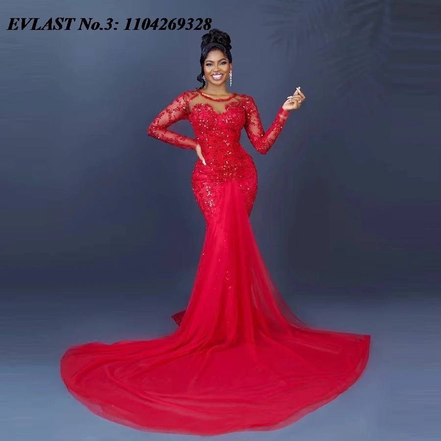 EVLAST Customized Aso Ebi Red Mermaid Prom Dress Long Sleeve Lace Applique Beaded Crystals Evening Gown Robe De Soirée E3P478
