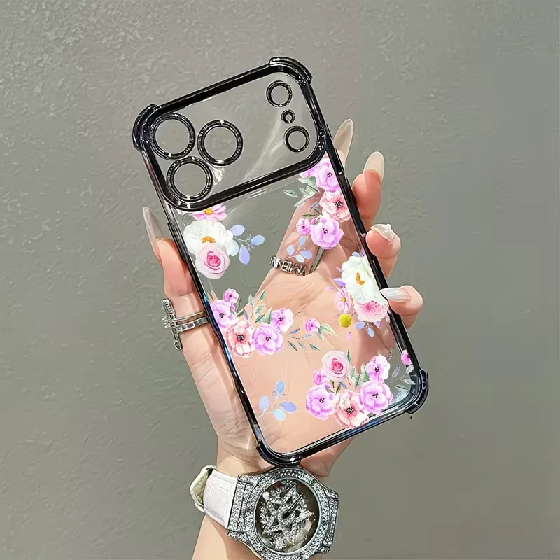 Simple Creative Floral Phone Case For iPhone 17 16 15 14 13 12 11 Pro Max Plus Air 17e 16e Plating Airbag Protection Cover