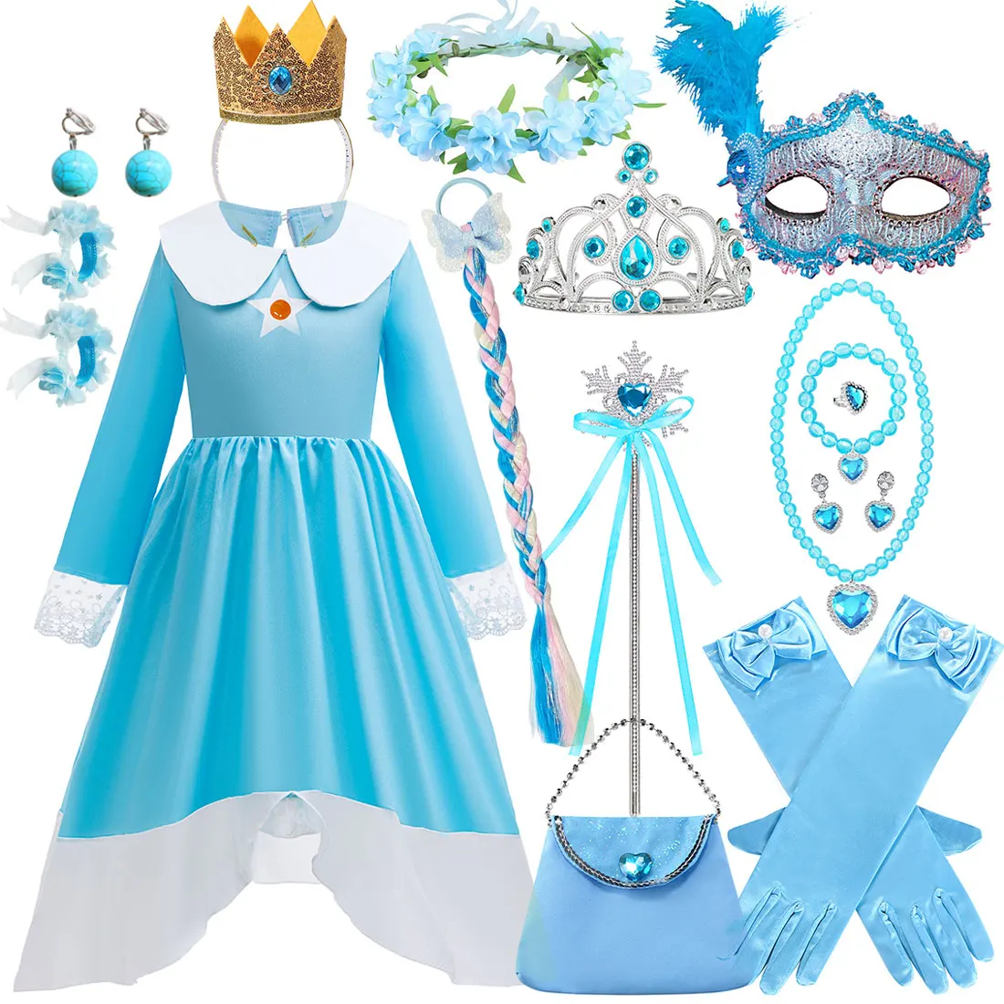 Blue Rosalina Long Sleeve Princess Dress Girls Cosplay Peach Movie Princess Rosalina Halloween Festival Party Dress Set 2-10T