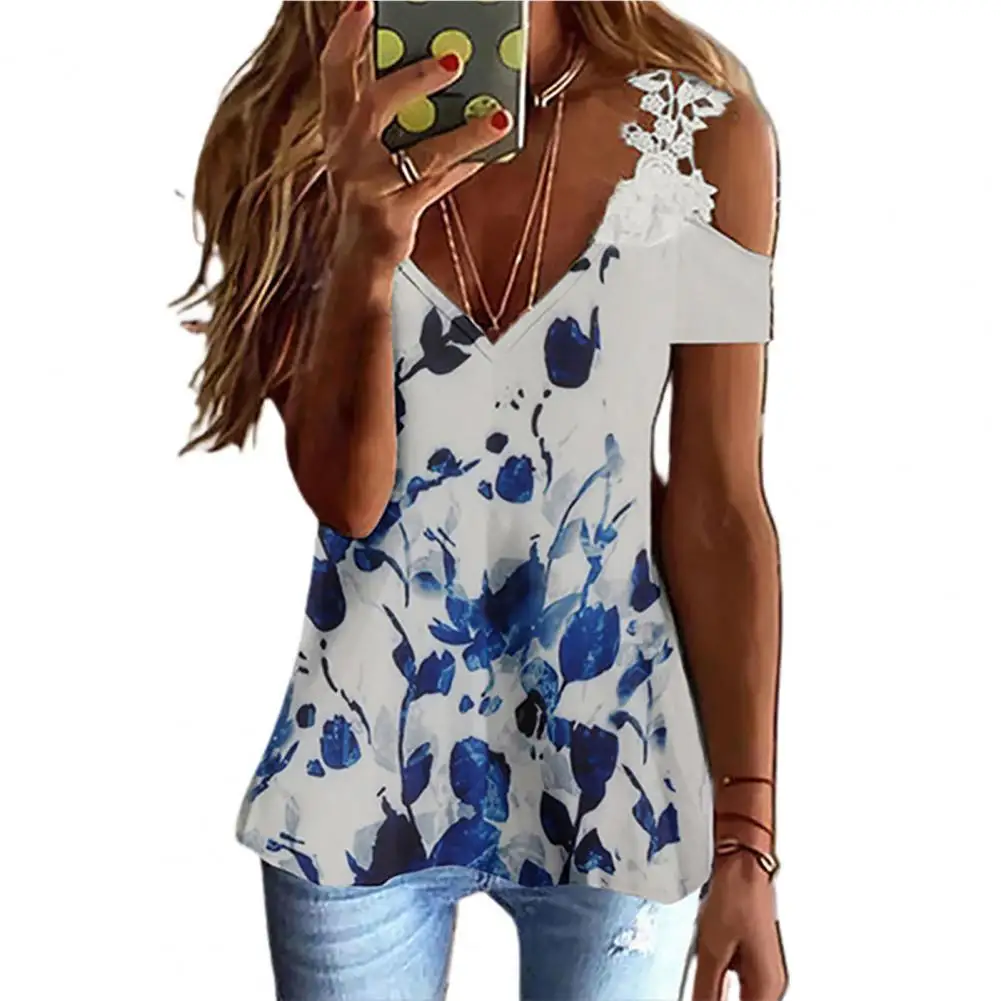 Women Floral Print T Shirt Summer 2022 V-Neck Short Sleeve Gradient Color Embroidered Lace Straps Tee Top Fashion Female Clothin