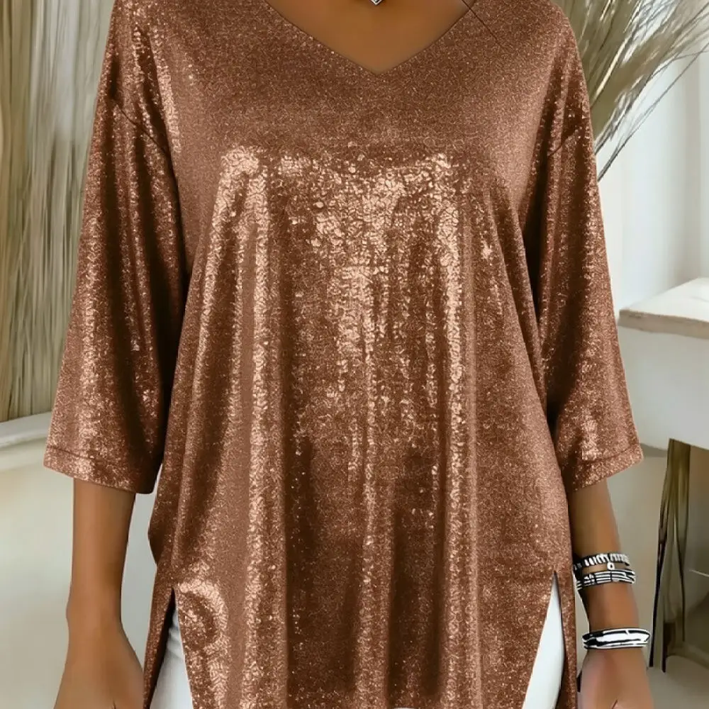 Casual Womens V Neck Tops Loose Fit Blouse Three Quarter Sleeve Split Hem Shirt Fashionable Elegant Solid Color Wear
