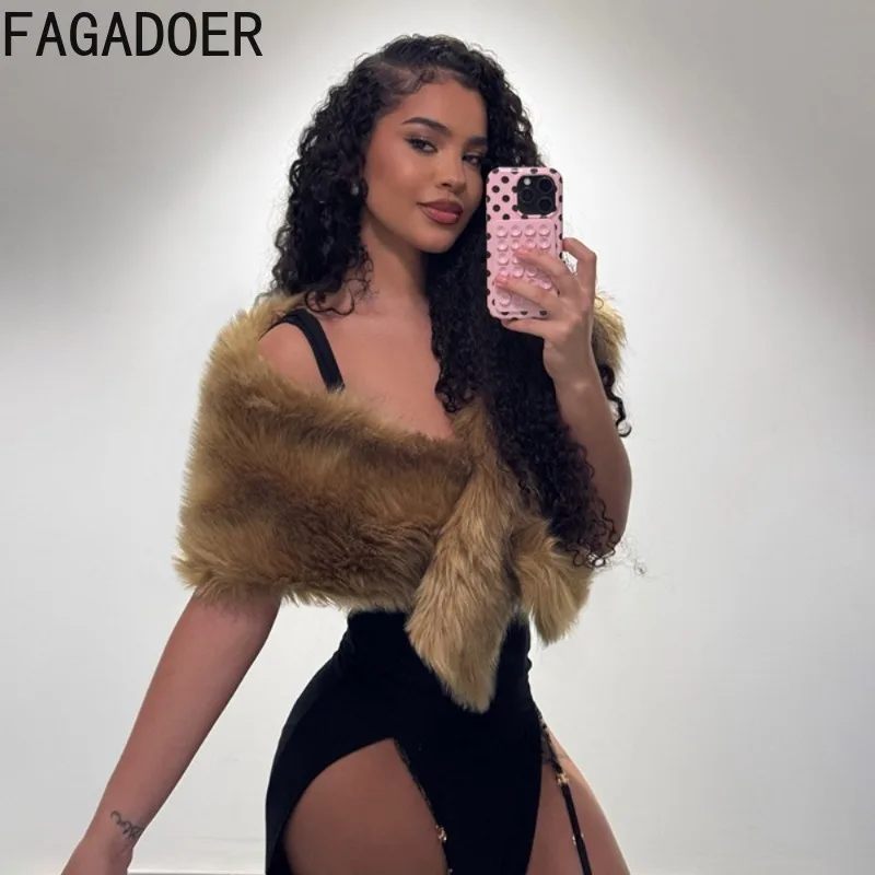 FAGADOER Womens Faux Fur Shawl Wrap Brown Fluffy Scarf Cape Off Shoulder Tie Front Elegant Winter Party Evening Outerwear New